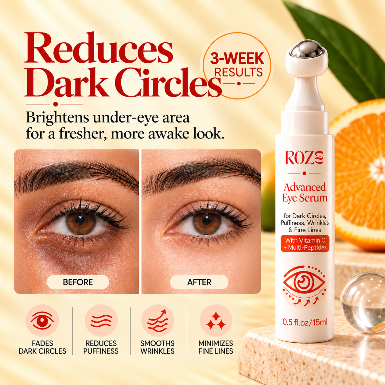 BEFORE AND AFTER USING THE Roze eye serum