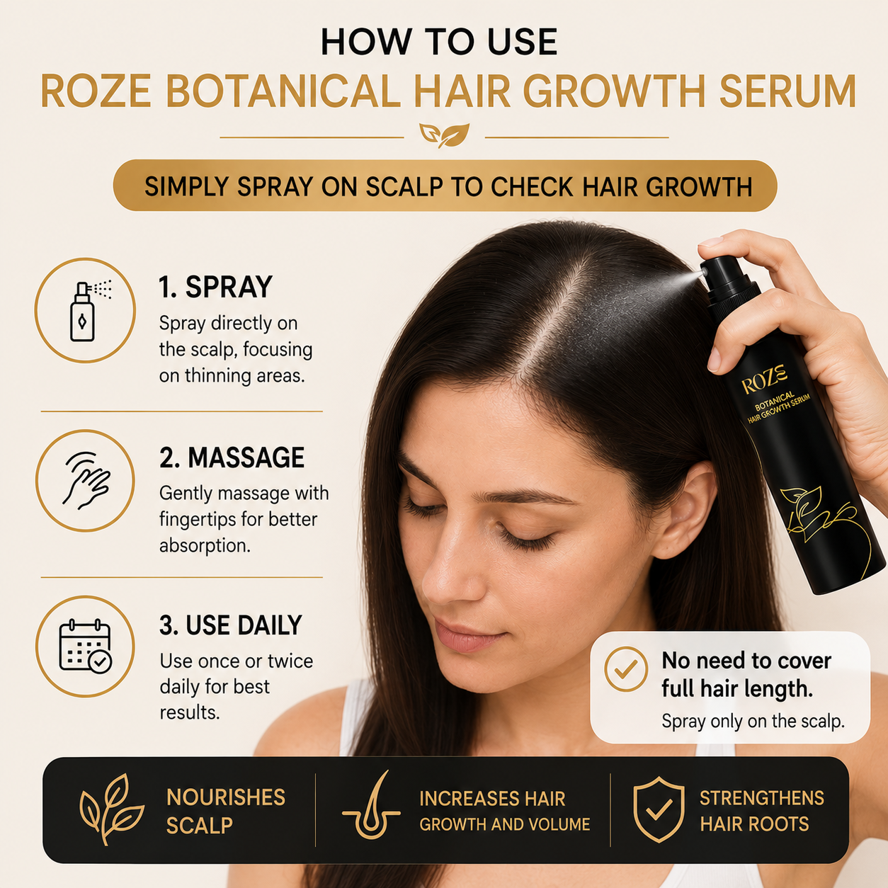 Roze Botonical Hair Growth serum. Simply spray on the scalp to check the results