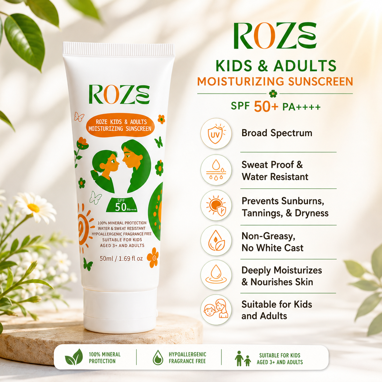 Roze kids and adults sunscreen SPF 50 PA +++ Non greasy and No white cast