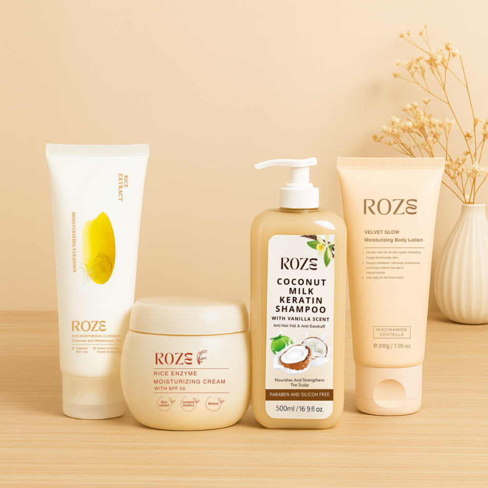 Roze Glow Pack – Cleanser | Moisturizer | Shampoo | Body Lotion