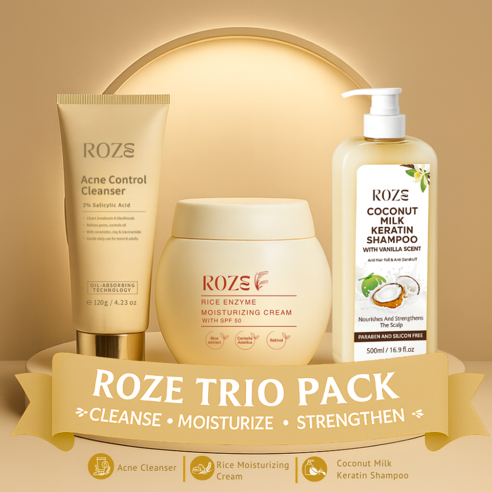 Roze Trio Pack | Acne Cleanser | Rice Moisturizer | Coconut Milk Keratin Shampoo
