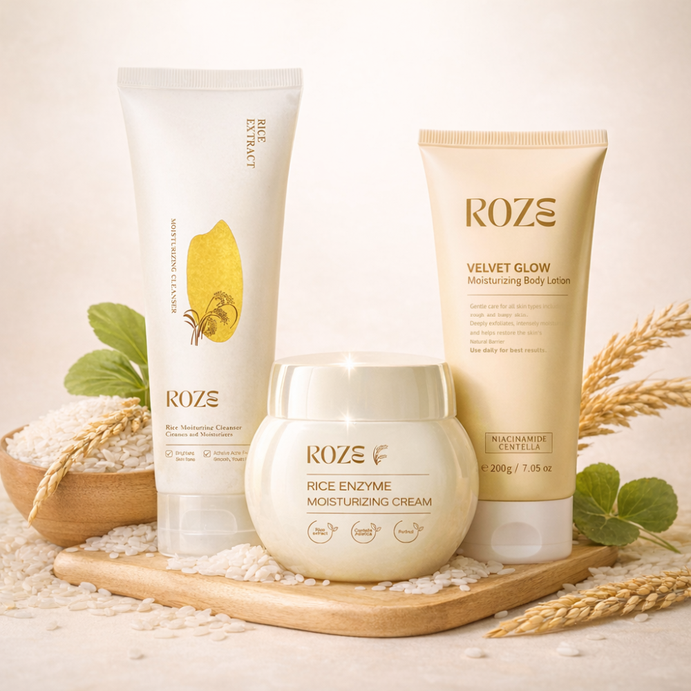 Roze Rice & Velvet Skin Ritual | Rice cleanser | Rice Moisturizer | Velvet Glow Body lotion