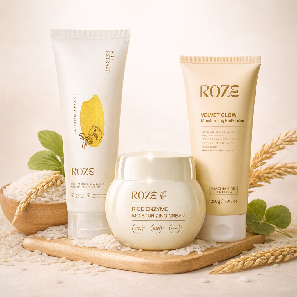 Roze velvet glow body lotion gentle care for all skin types including rough and bumpy skin. Deeply exfoliates, intensely moisturizes, and helps restore the skin’s Natural Barrier Use daily for best results.