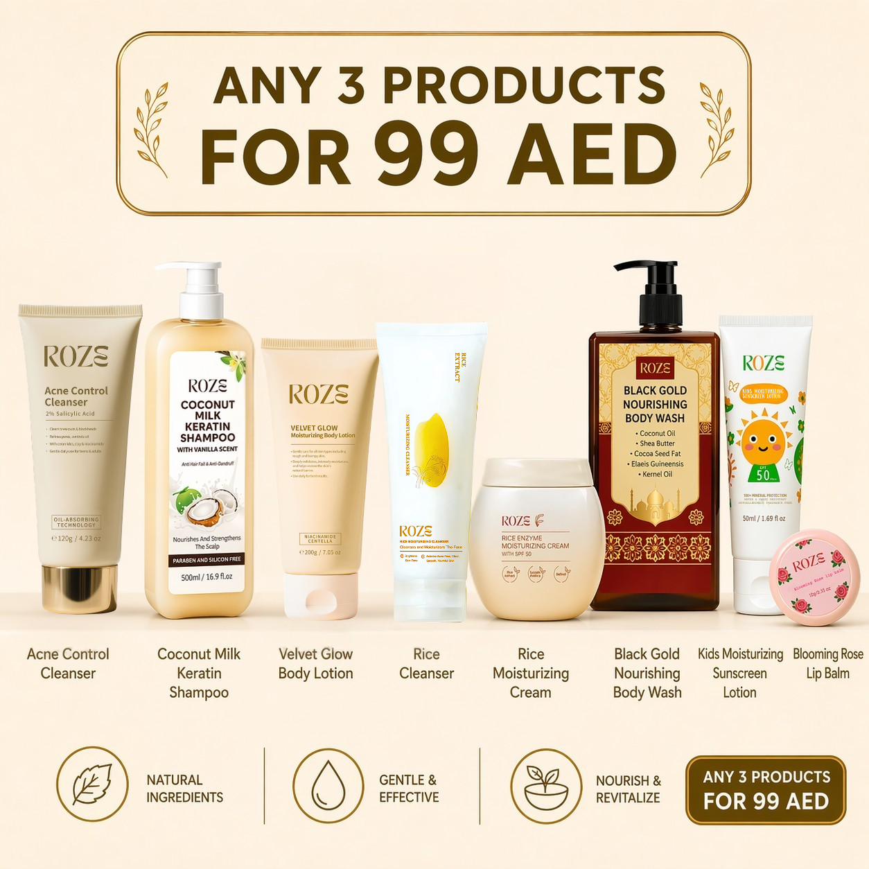 Roze skincare any 3 products for 99 Aed with Free shipping