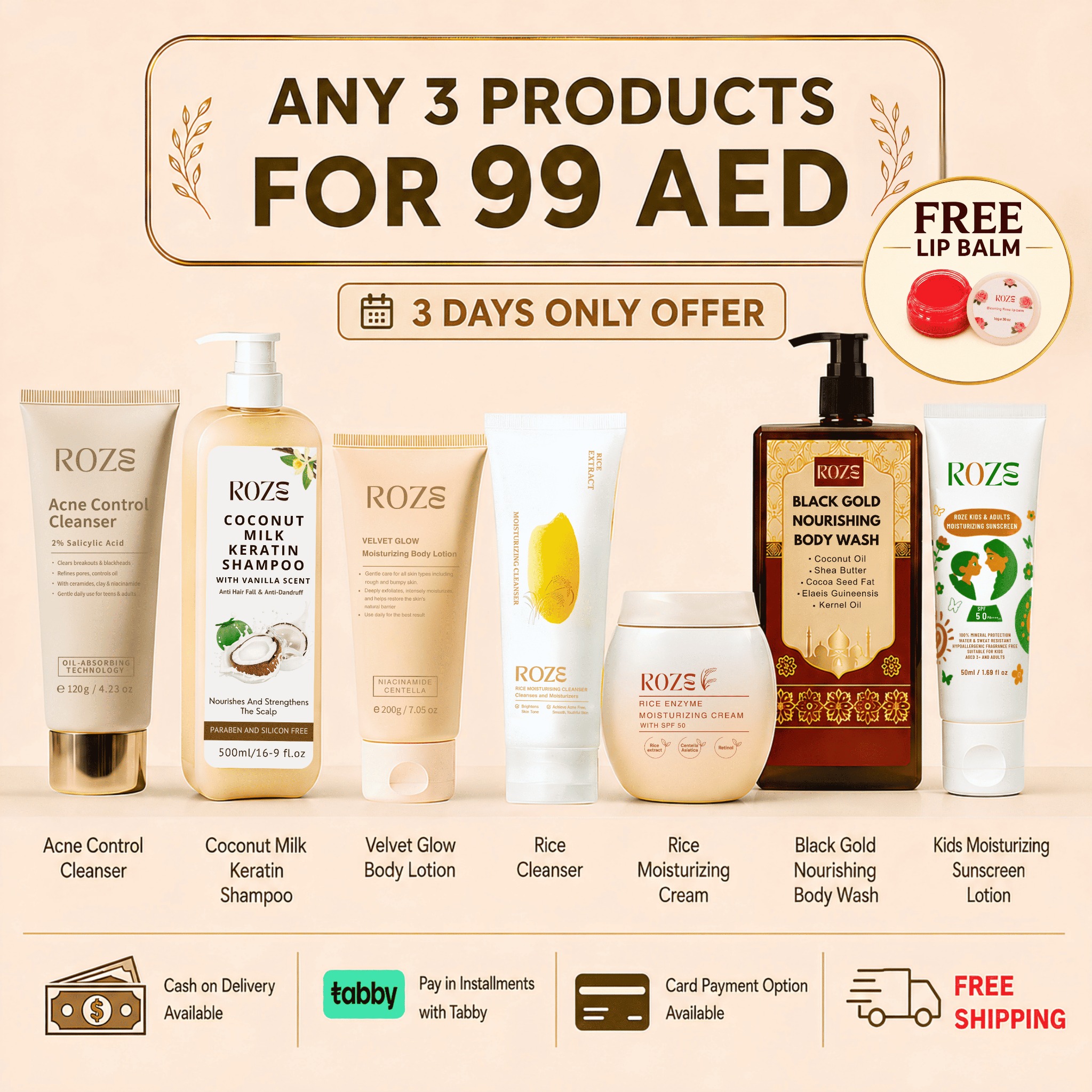 Any 3 Roze skincare products for 99 AED