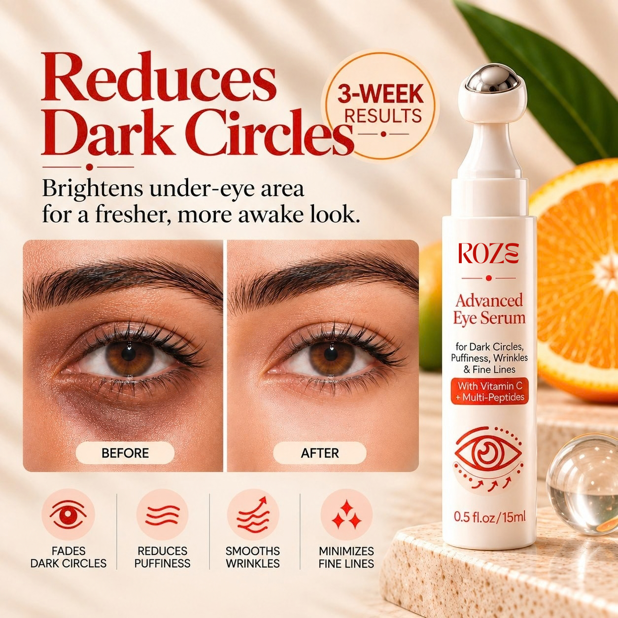 ROZE ADVANCED EYE SERUM FOR DARK CIRCLES, PUFFINESS, WRINKLES